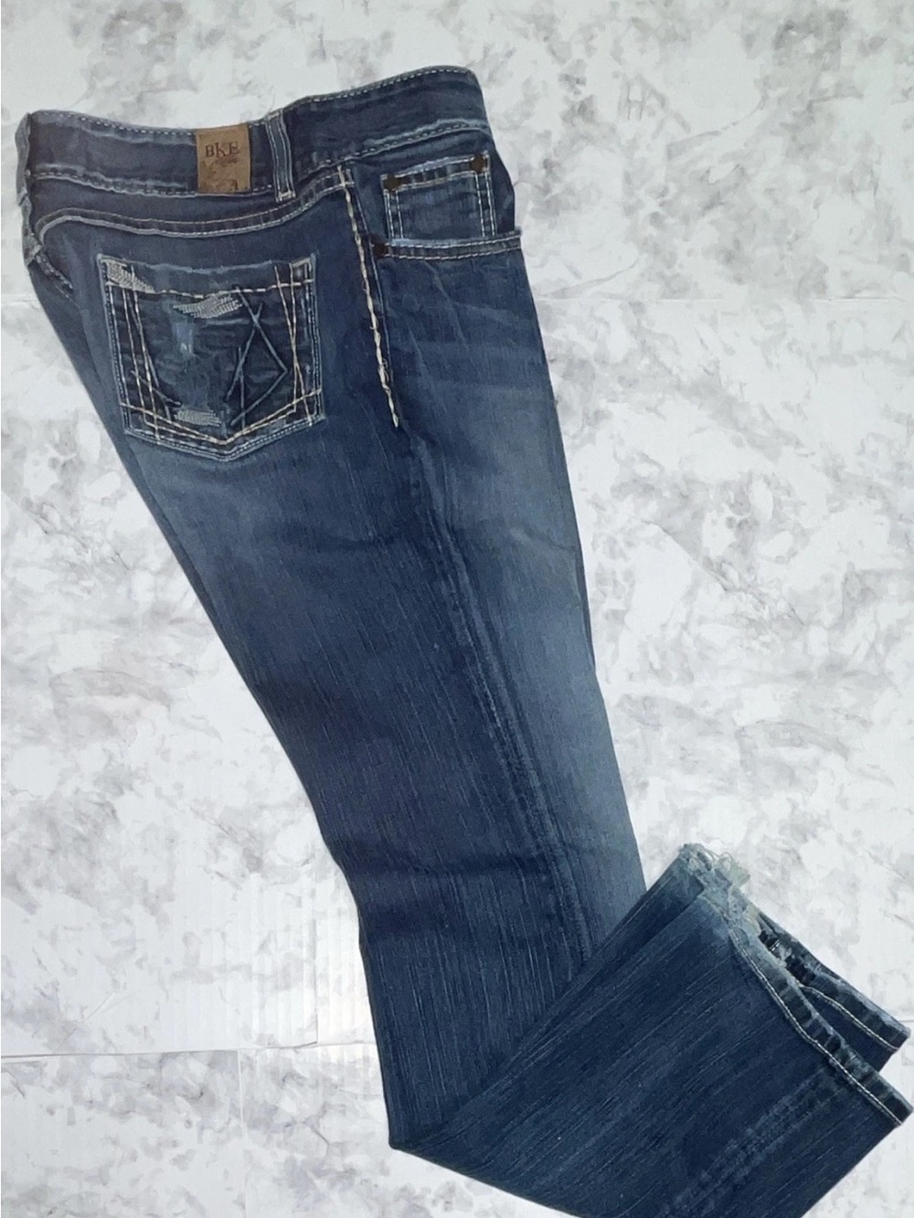 BKE Culture Bootcut Women Stretch Jeans Med Wash 31x31.5 heavy stitching pockets